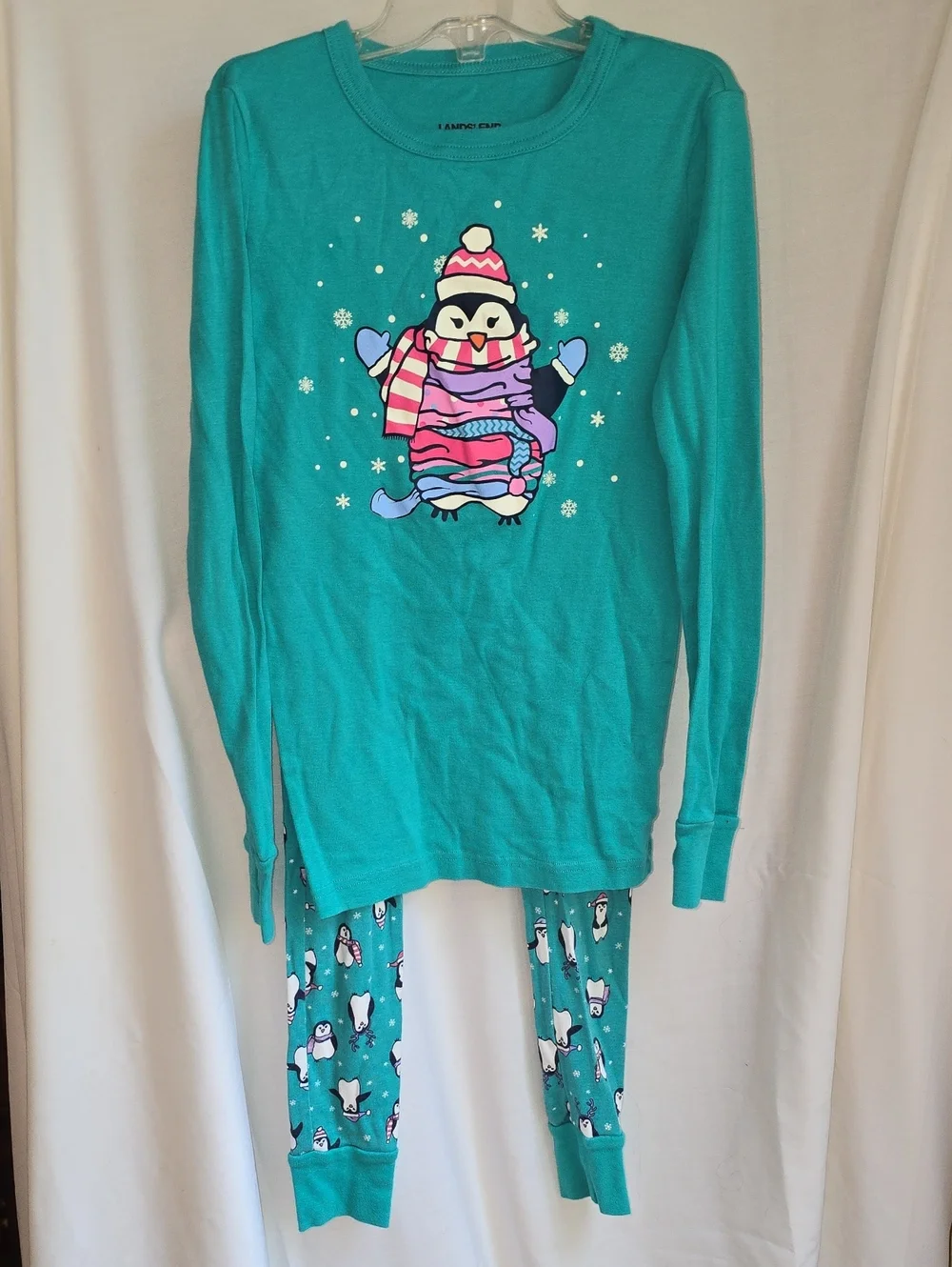 Lands' End Teal Penguin Pajama Set with Pink & Purple Accents